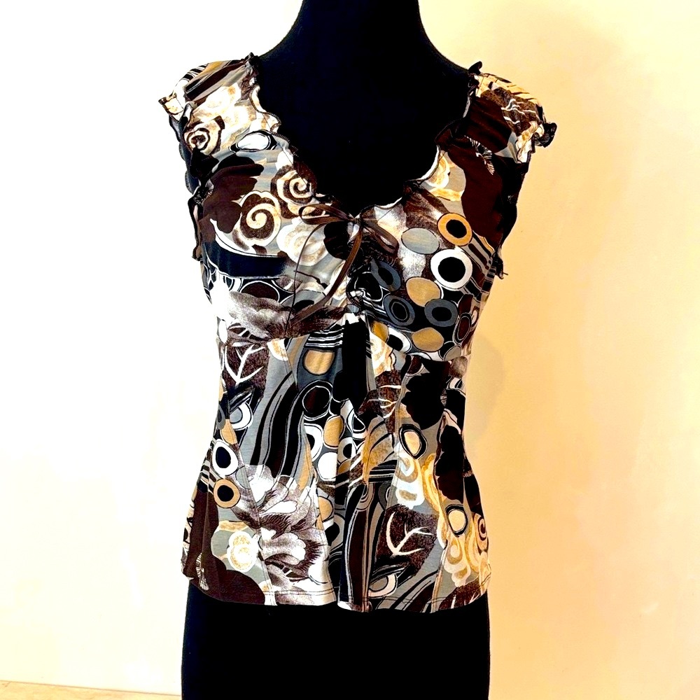 Astuces from France Elegant Brown & Black Patterned Women's Top size 44. US 12